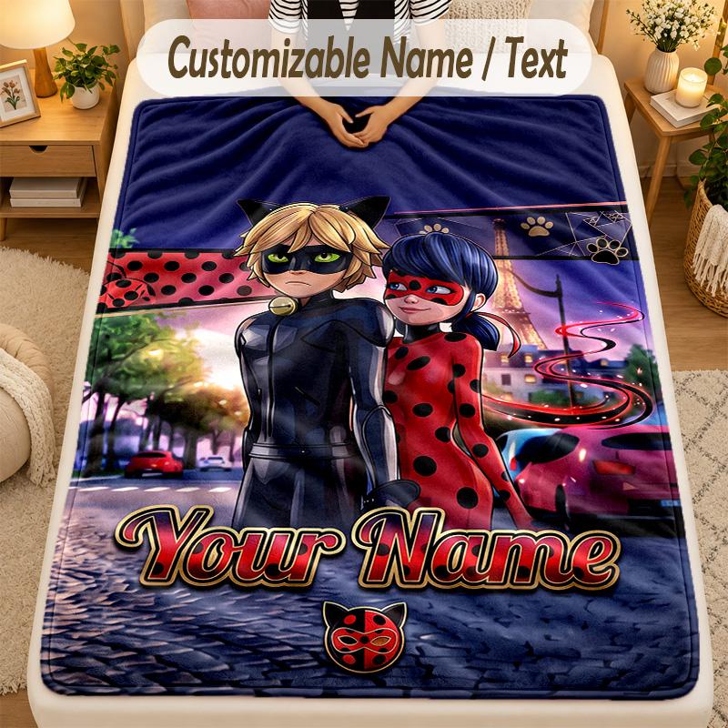 Pătură de flanelăMiraculous Ladybug Text cu Nume Personalizat Pătură moale caldă pentru aruncat Decor pentru casă Cadou