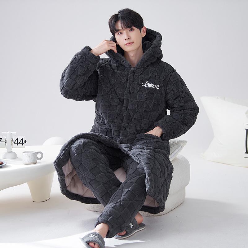 

Мужской стеганый зимний халат-пижама с капюшоном - Теплая, толстая верхняя одежда из кораллового флиса XXL