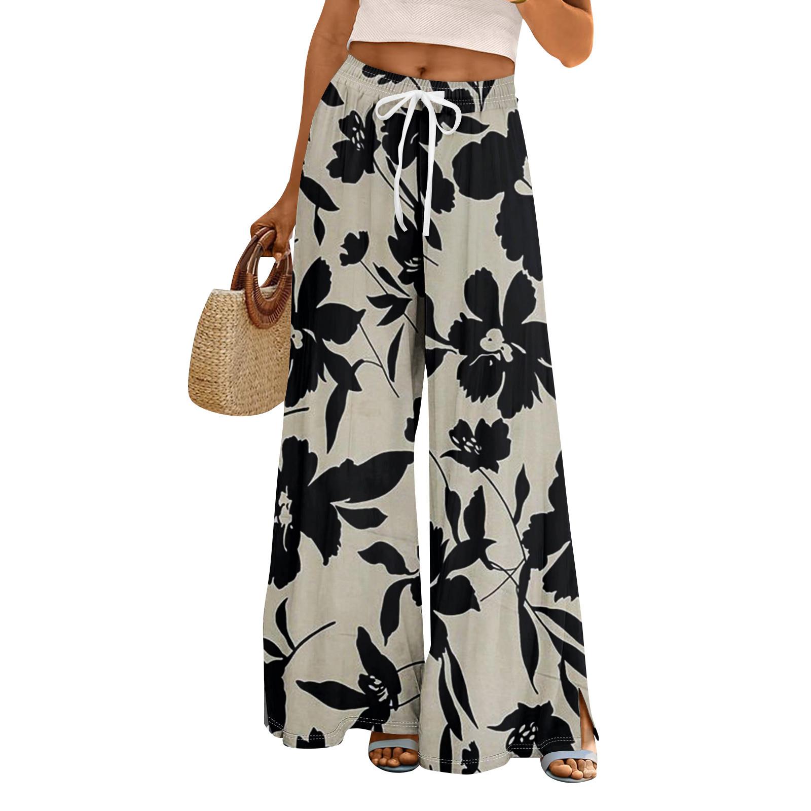 

Женские летние брюки-палаццо в стиле бохо с высокой талией, широкие повседневные брюки с цветочным принтом и карманами L