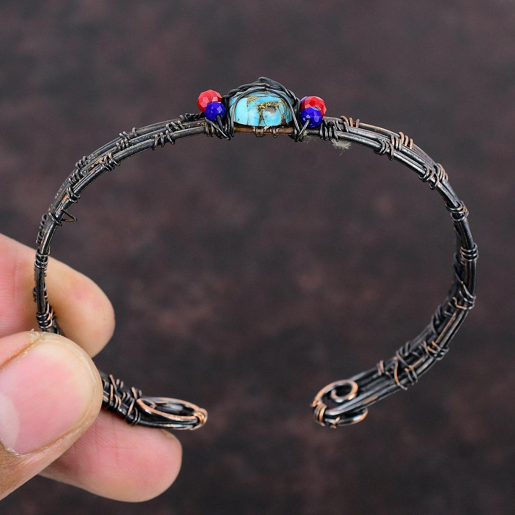 Copper Blue Turquoise Cuff Bracelet Lapis Lazuli & Red Coral Beads Bangle Copper Wire Wrapped Jewelry Adjustable Cuff Bangle Gemstone Bangle