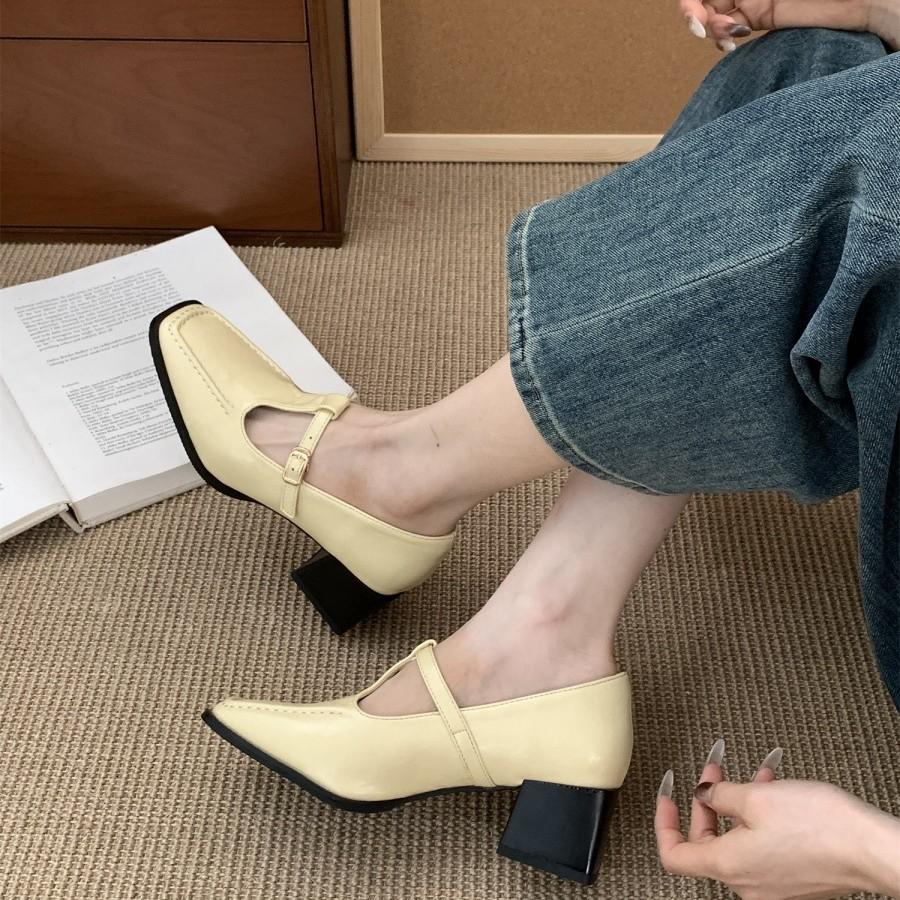 French Retro Square Head Thick Heel Single Shoes Female Spring and Autumn New Evening Wind Korean Version Fairy High Heels Mary Jane Small Lea