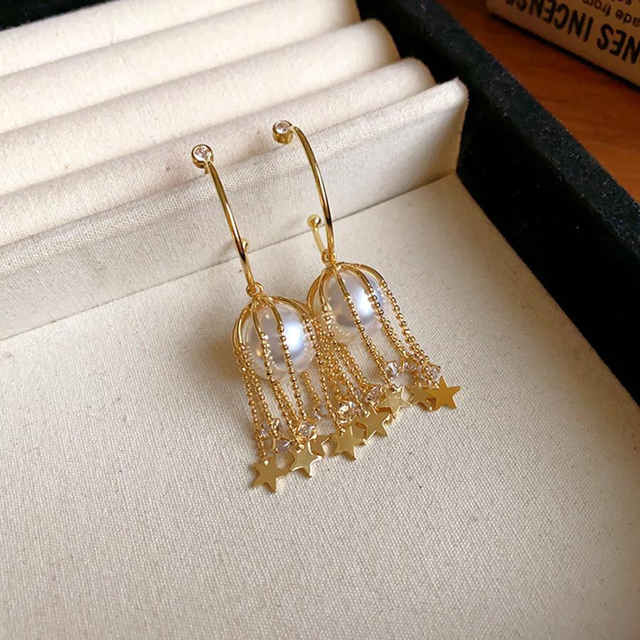 

Silver needle C-shaped pearl star fringed earrings retro elegant fashion personalized earrings exaggerated high-end earrings women