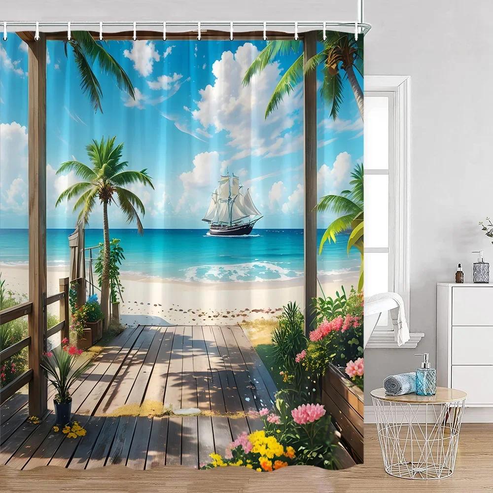 

Summer Seaside Landscape Shower Curtain Coconut Tree Tropical Leaves Sea View Bathroom Decorative Polyester Shower Curtain W90XH180cm
