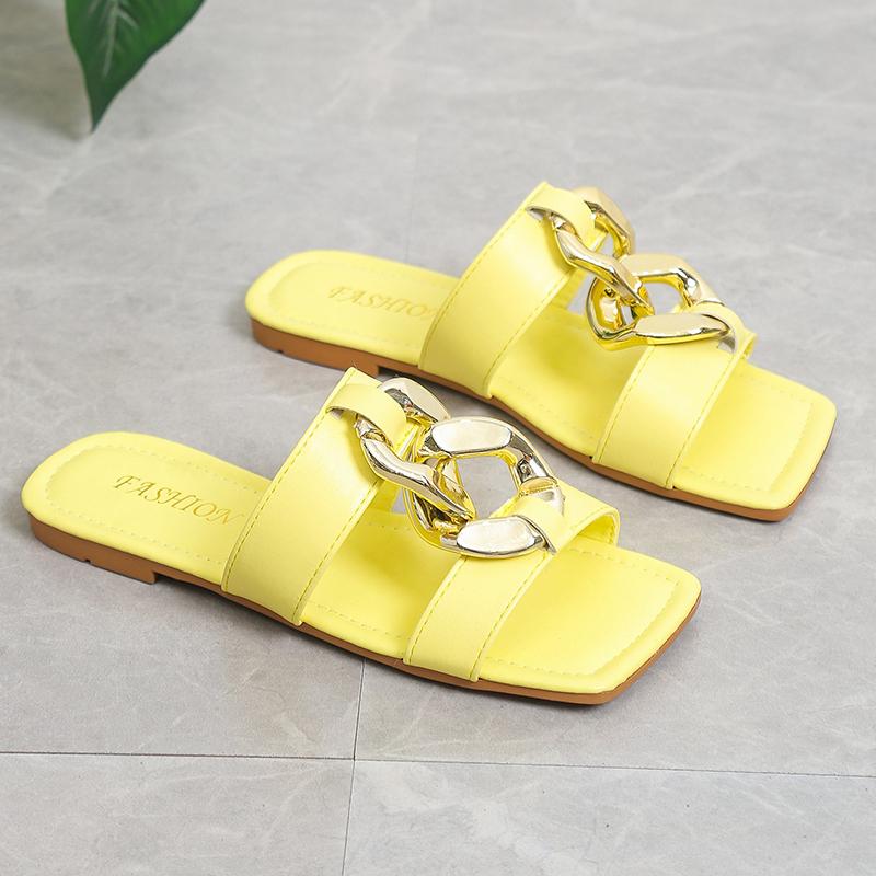 2024 New Summer Women's Slippers Fashion Metal Chain Sandals Open Toe Sandals Women Flat Casual Slippers Women Summer Slipper