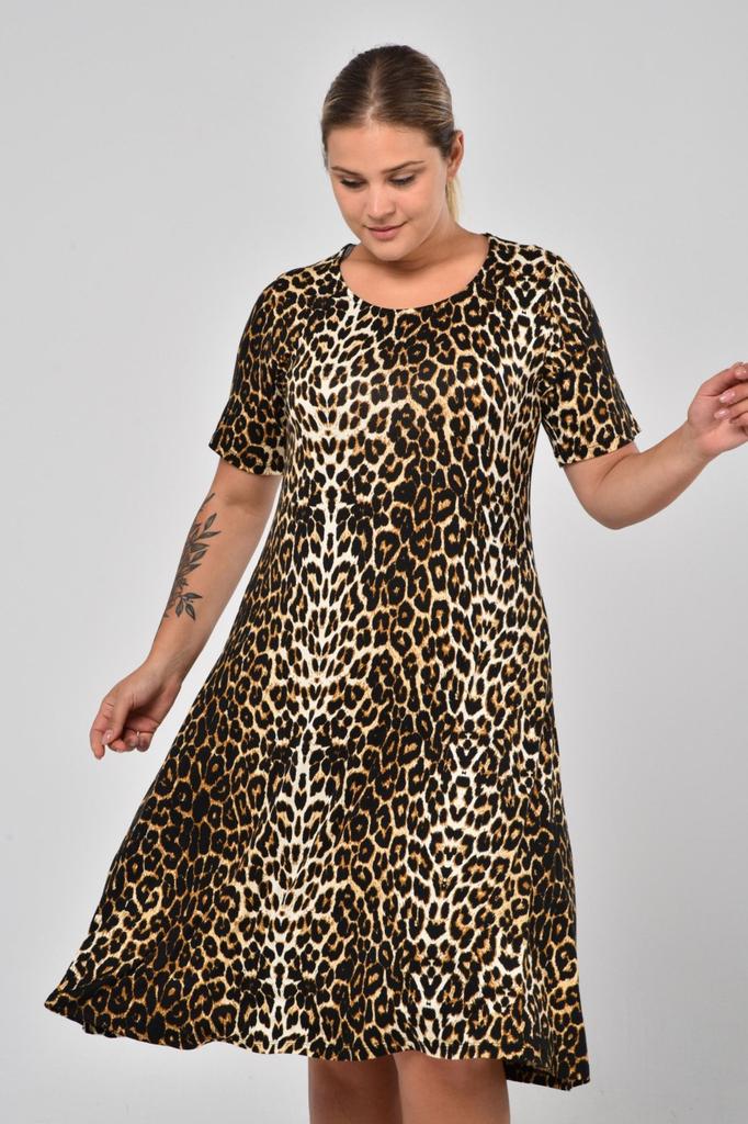 Women's Big Size Dress Short Sleeve Black Leopard Patterned Dress