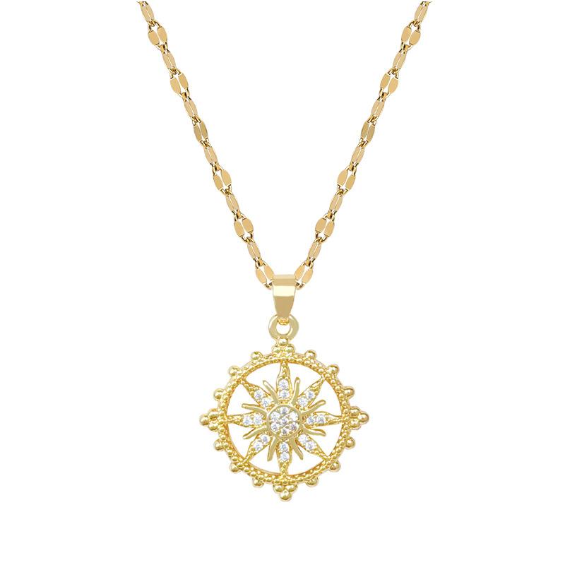 Titanium Steel Light Luxury Full Diamond Micro-Inlaid Zircon Sun Octagram Necklace Copper Electroplated Real Gold Pendant