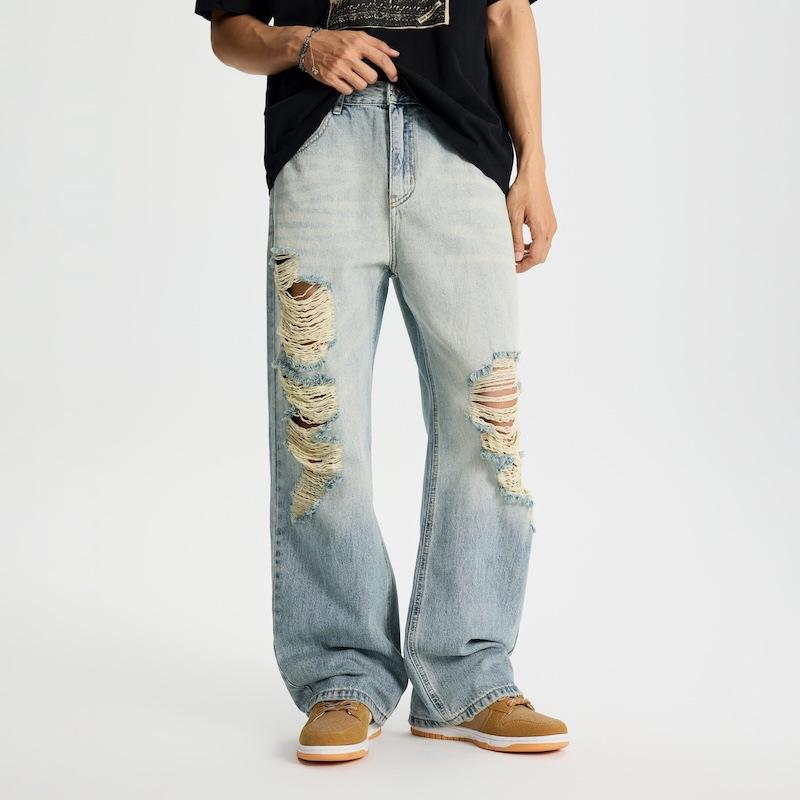 

New Spring and Summer Men s Ripped Super Soft Japanese Loose Straight Wide-leg Pants Jeans Long 4XL