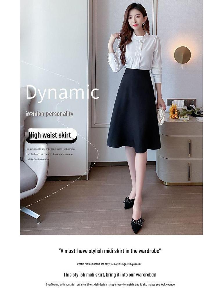 Petite Women's Black High-Waisted A-Line Pleated Mid-Length Skirt - Summer Professional Umbrella Style