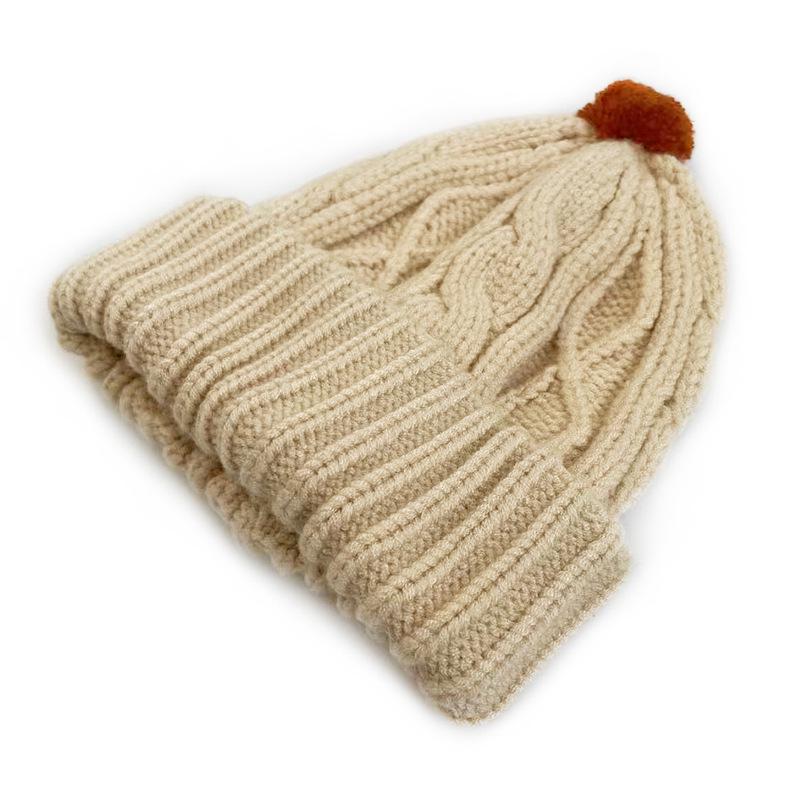 Cat Brother Kids  Korean-Style Knit Hat - Cute Plaid Wool with Pom Pom, Folded Edge for Boys & Girls - Autumn/Winter