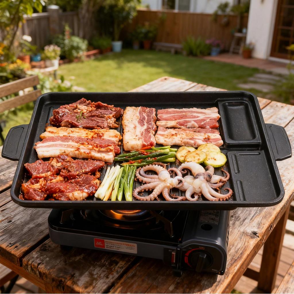 Korean Grill Meat Plate Aluminum Titanium Coating Barbecue Pan Camping Board Griddle for Outdoor Cassette Stove and Induction