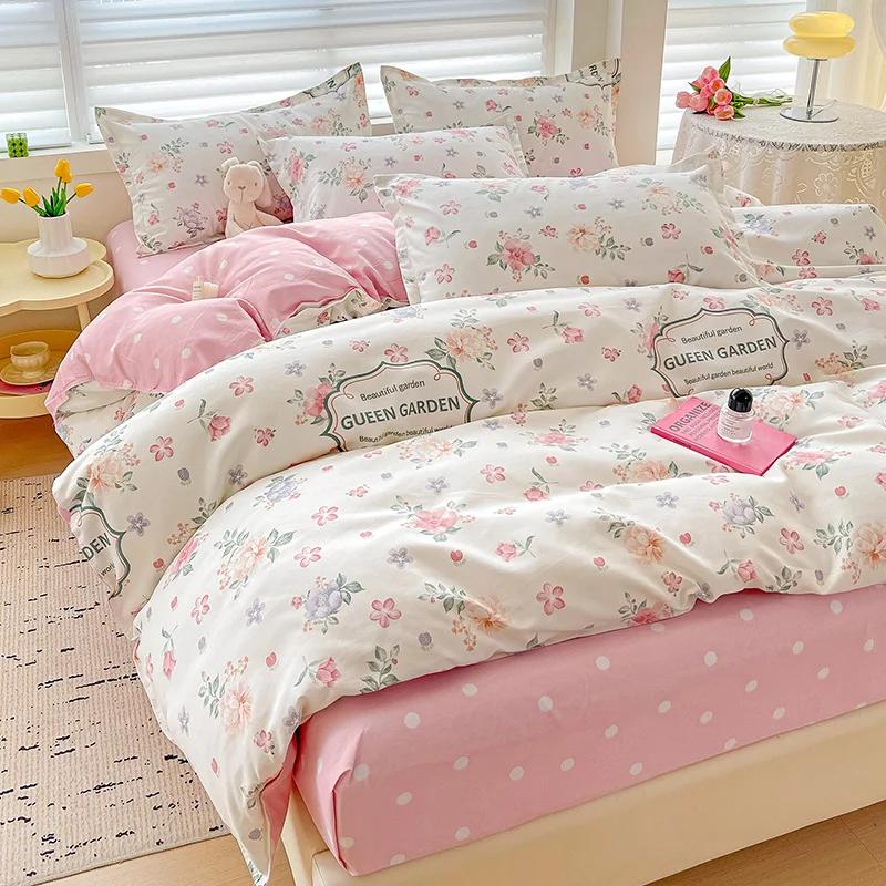 100% Cotton Bedding Set, Four Piece Sheet Set Comfort Set Girly Fresh Style Couple Bed Comforter Set