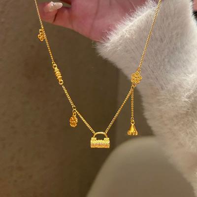 Neue Halskette mit goldenem Schloss-Blumenanhänger im chinesischen Stil für Damen, leichter Luxus, hohes Gefühl, elegante Mode, Pendler, vielseitige Halskette, Pulloverkette
