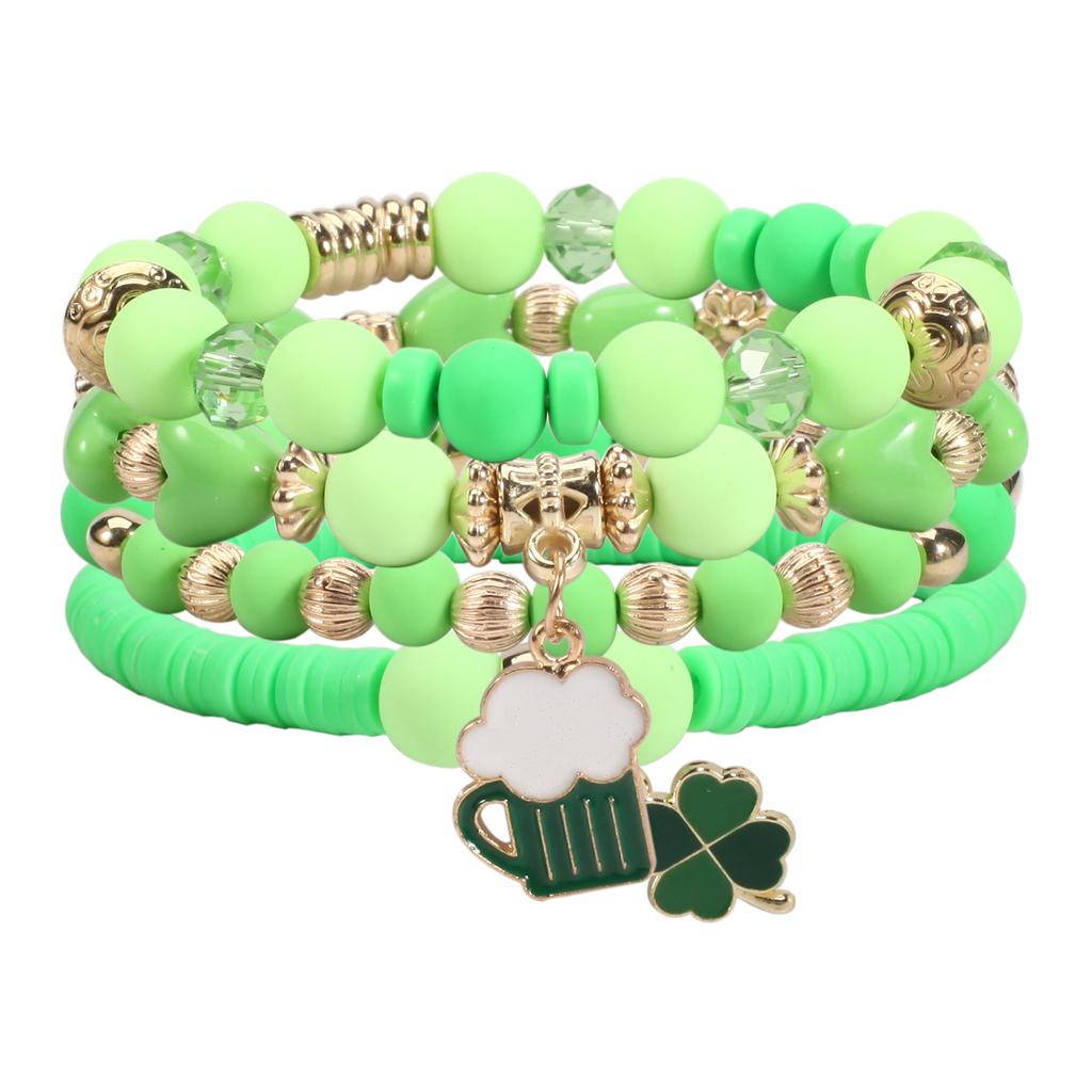St. Patricks Day Bracelets Handmade Beaded Stackable Bracelet Irish Green Leaf Hat Lucky Shamrock Charm Bracelet for Women