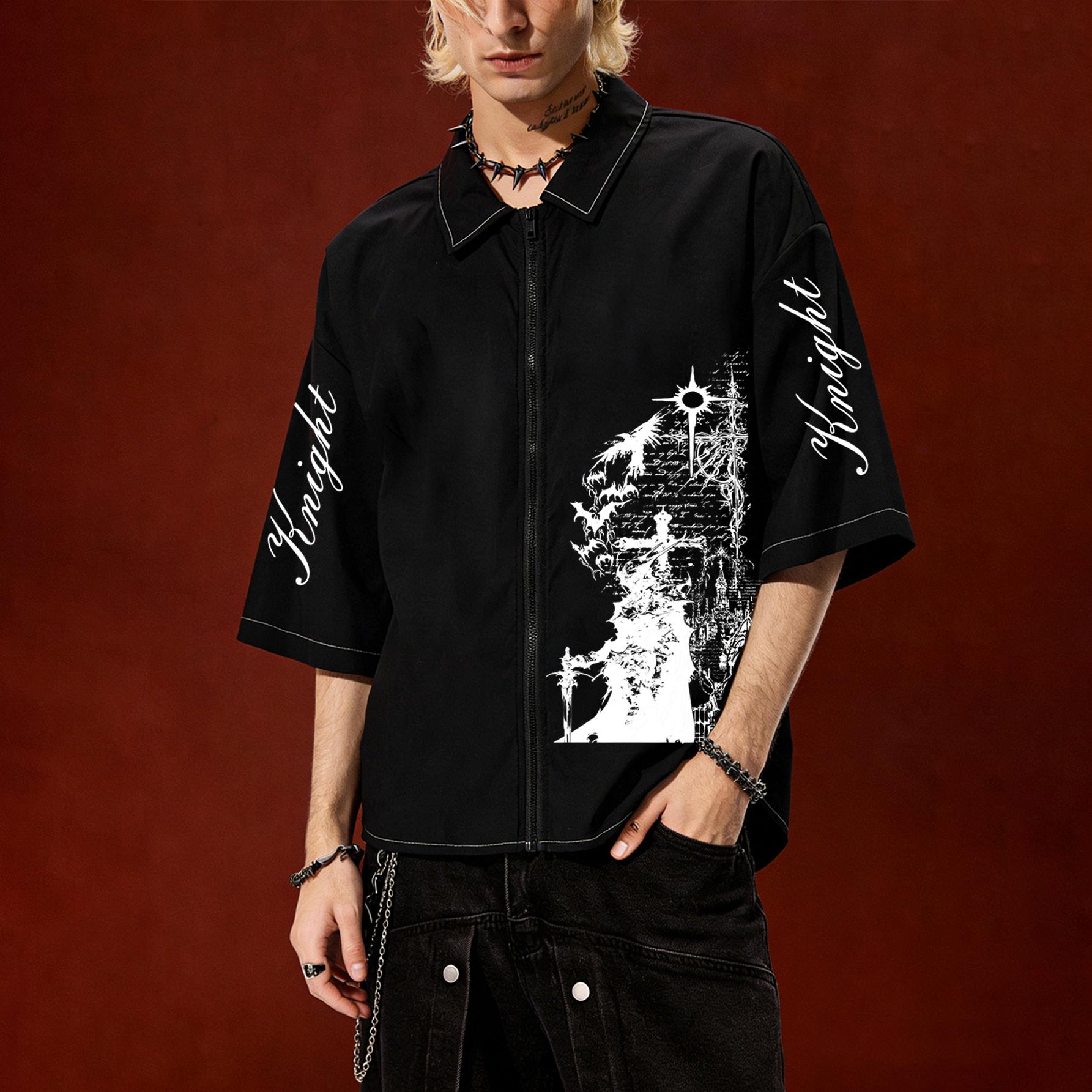 

Dark High Street Knight Print Short-Sleeve Shirt; Unisex Casual Oversized Collared Zip-Up Cardigan, Perfect for Everyday Casual and Work Outfits L чёрный