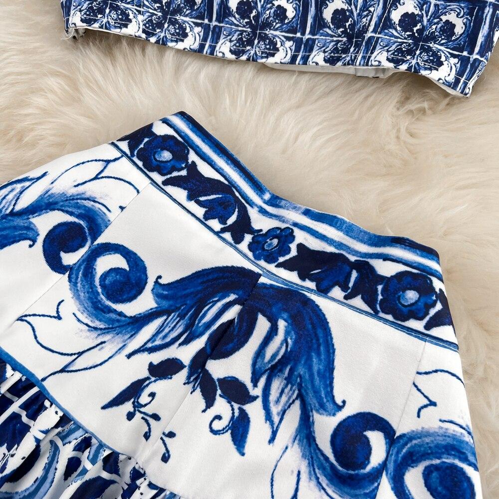 Fashionable Suit Female Casual Celadon Print Concord Vest + High Waist Shows Thin Big Set Skirt Two Pieces