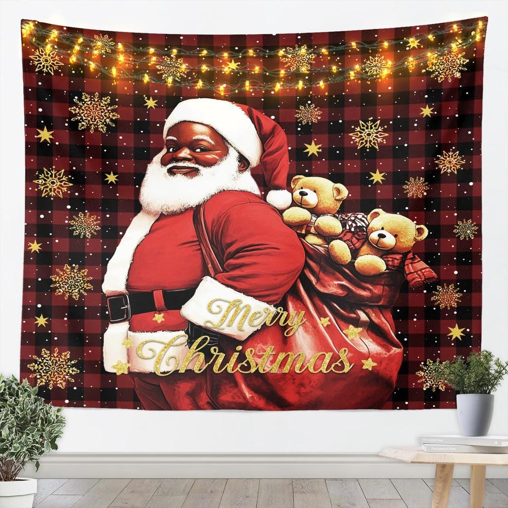 Black Santa Claus Tapestry Afro African American Wall Art Merry Christmas Wall Hanging Blanket for Living Room Bedroom Home