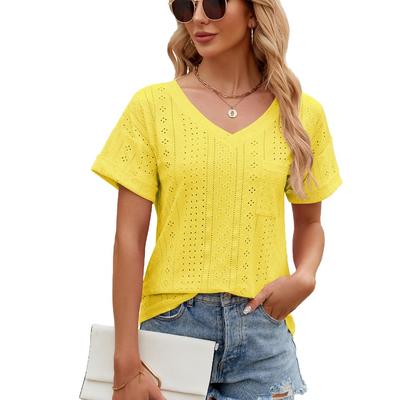 Spring Summer Solid Color Blouse Fashion Pocket V-neck Loose Short Sleeve Top for Women