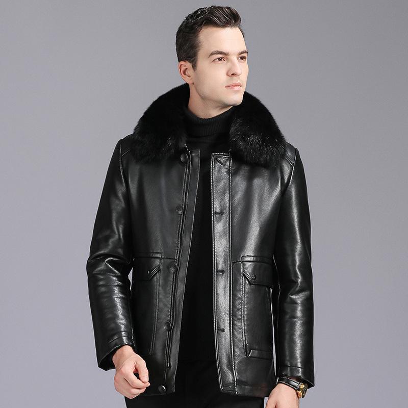 

Зимнее мужское утолщенное и бархатное пальто из натуральной кожи, воротник из натурального меха лисы, меховое пальто на пуговицах, теплая куртка для людей среднего и пожилого возраста 5XL
