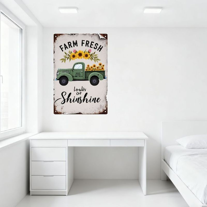 Vintage Farm Fresh Metal Tin Sign, Rustic Green Pickup Truck with Sunflowers & Flowers, Daily Deliveries & More Loads of Shine f
