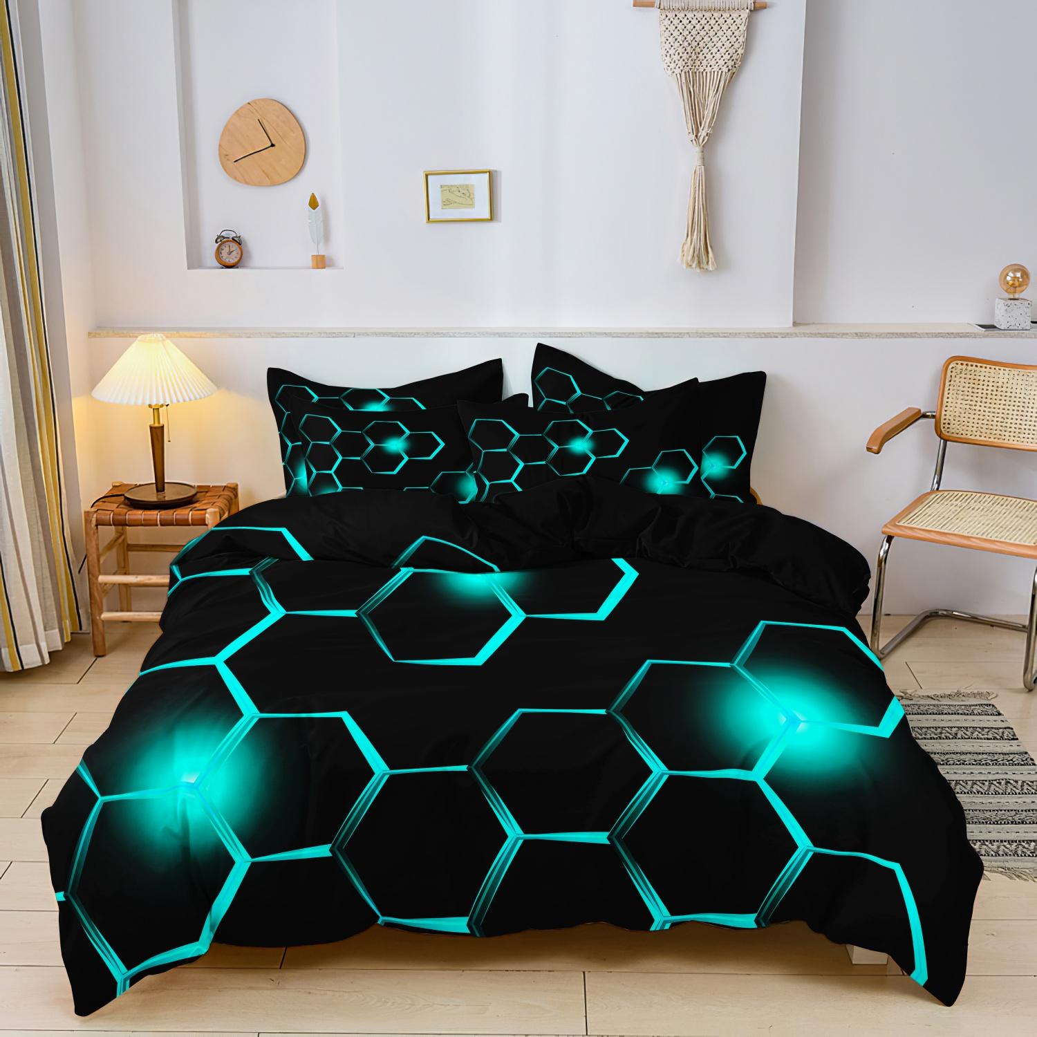 

3pcs Geometric 3D Hexagonal Honeycomb Pattern DuvetCover SetDigital Print Colorful Polyester Bedding with Zipper Closure 150*200cm 3pcs