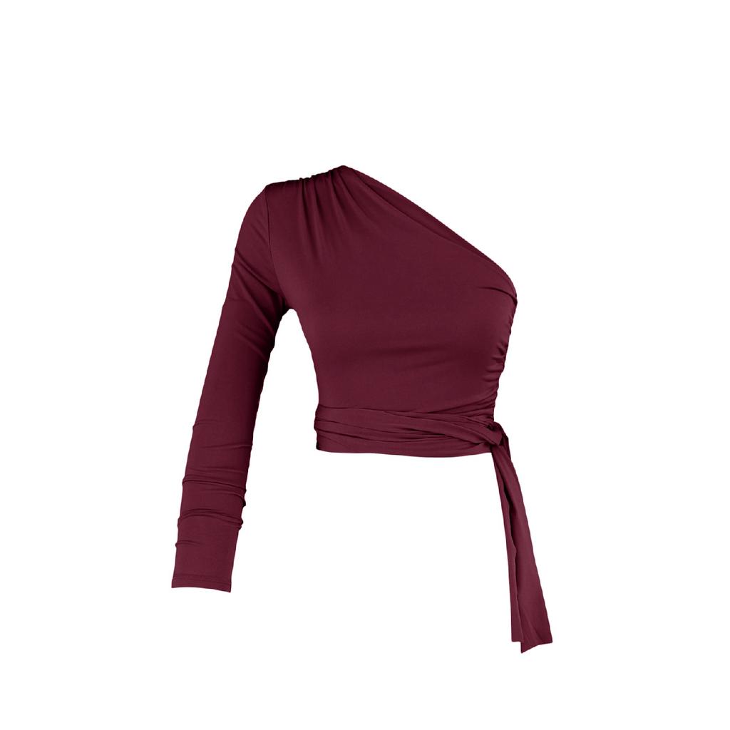Claret Red Slim Tie Detailed Single Sleeve Crop Stretchy Knitted Blouse Twoaw23bz00094