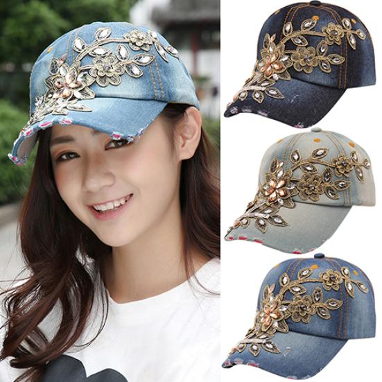 Flower Embossed Rhinestone Denim Baseball Cap Summer Fashion Women Jeans Hat