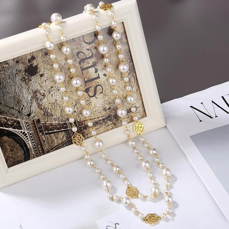 Famous Camellia Pearl Long Necklace For Women Double Layer Collane Lunghe Donna Rose Flower Sweater Chain Necklace