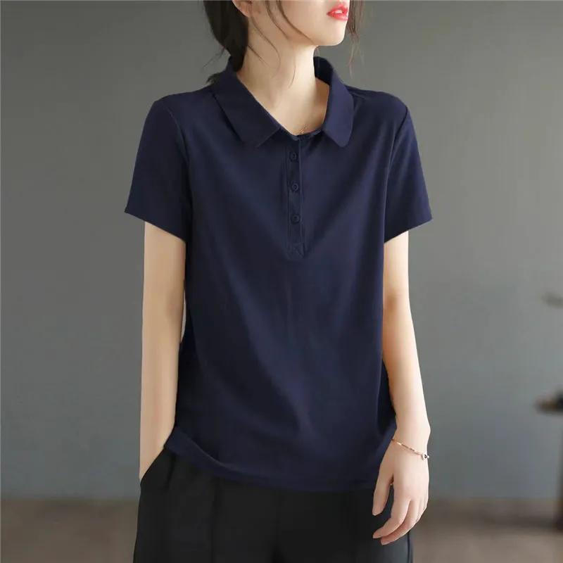 Women's Solid Color Lapel Short Sleeve T-Shirt Summer Simple Commuter Tops