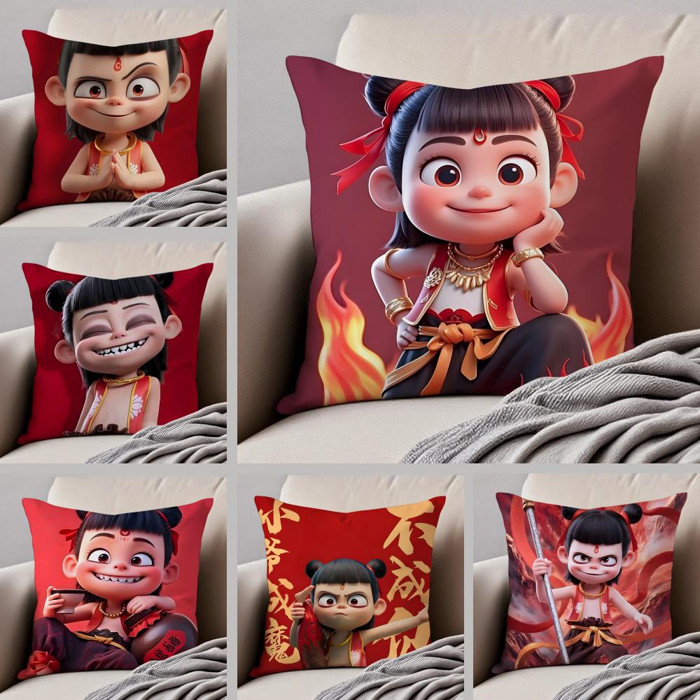 Chinese Style NNe Zha Cushion Cover Throw Pillow Cover Hidden Button Durable Polyester Chair Cushion