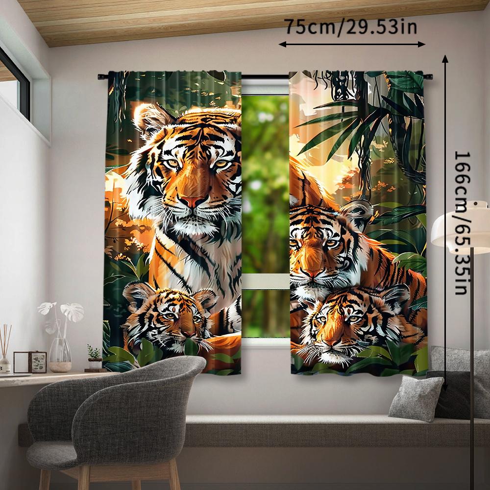 2pcs, Tiger Print Curtains, Rod Pocket Window Treatment, for Bedroom Living Room, Home Decoration, Room Decoration