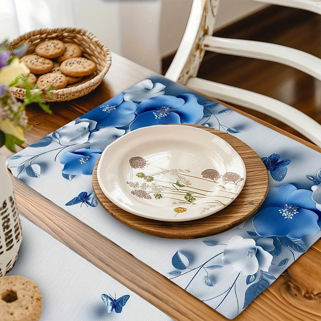 1pc Placemat Set for Dining Table, Blue Relief Flowers Popular Home Placemats, Holiday Decoration Rustic Vintage Table Mats