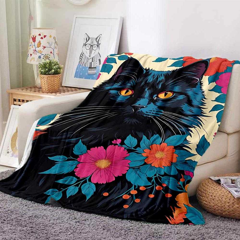 1pc Black Cat Print Soft & Warm Polyester Knit Blanket, Digital Printed, All-Season Throw for Napping, Traveling, Sofa yy250906021
