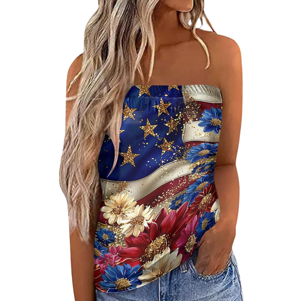 Women's Summer Sexy Strapless Off-Shoulder Elastic Band Design Independence Day Print Top