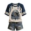 Women's V-Neck Short Sleeve T-Shirt with Football Graphic Print and Raglan Sleeves, Casual Summer Top