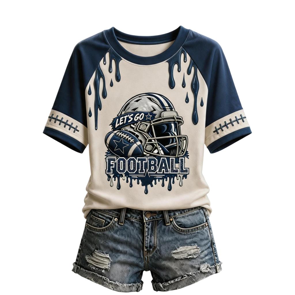 Women's V-Neck Short Sleeve T-Shirt with Football Graphic Print and Raglan Sleeves, Casual Summer Top