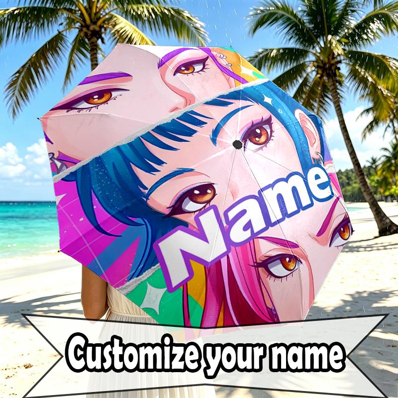 Custom Name Personalized KPop Hunters Print Umbrella, Auto Open Close, 8‑Rib Sturdy Frame, Commute Camping Hiking Use, Birthday Gift
