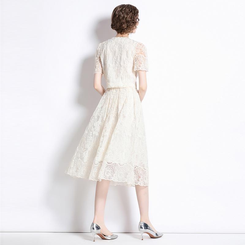 Koreanische Mode süße Spitze Set zweiteilige Rock Anzüge Spitze Stickerei Blume Kurzarm Shirt Tops Midi Rock Damen Outfits