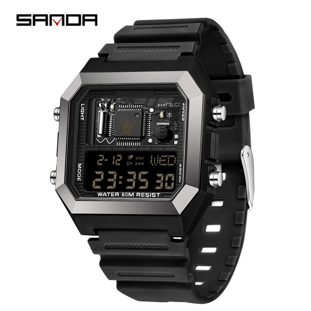Sanda Luminous Waterproof Teen Alarm Watch - Square Electronic Sports Countdown Timer