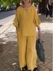 2024 Women's Cotton & Linen Casual Two-Piece Set with Seven-Sleeve Top & Wide-Leg Pants