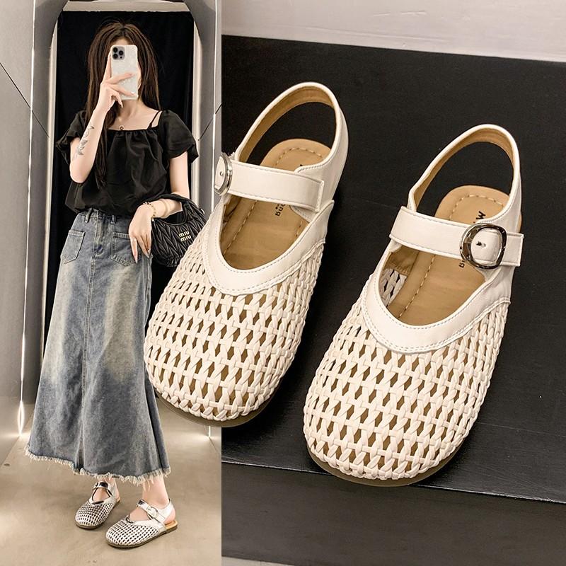 2025 Summer New Roman Sandals Women's One-button Mary Jane Perforated Breathable Woven Silver Flat Single Shoes