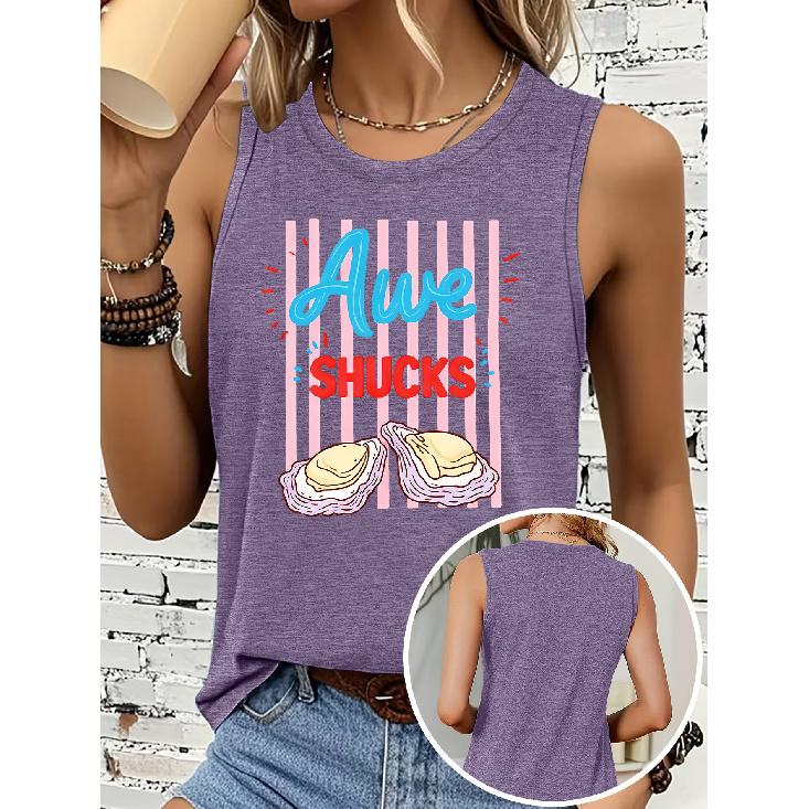 Women's Sleeveless Vest T Shirt Oyster Pink Vertical Stripe Contrast Color English Print Casual Round Neck Top Soft, Skin-friendly, Breathable,