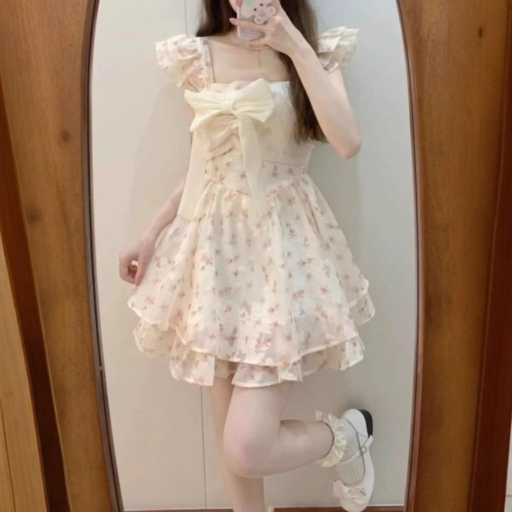 French Sweet Wind Small Flying Sleeves Floral Dress Women's Summer Small Bow Waist On the Run Princess Short Skirt