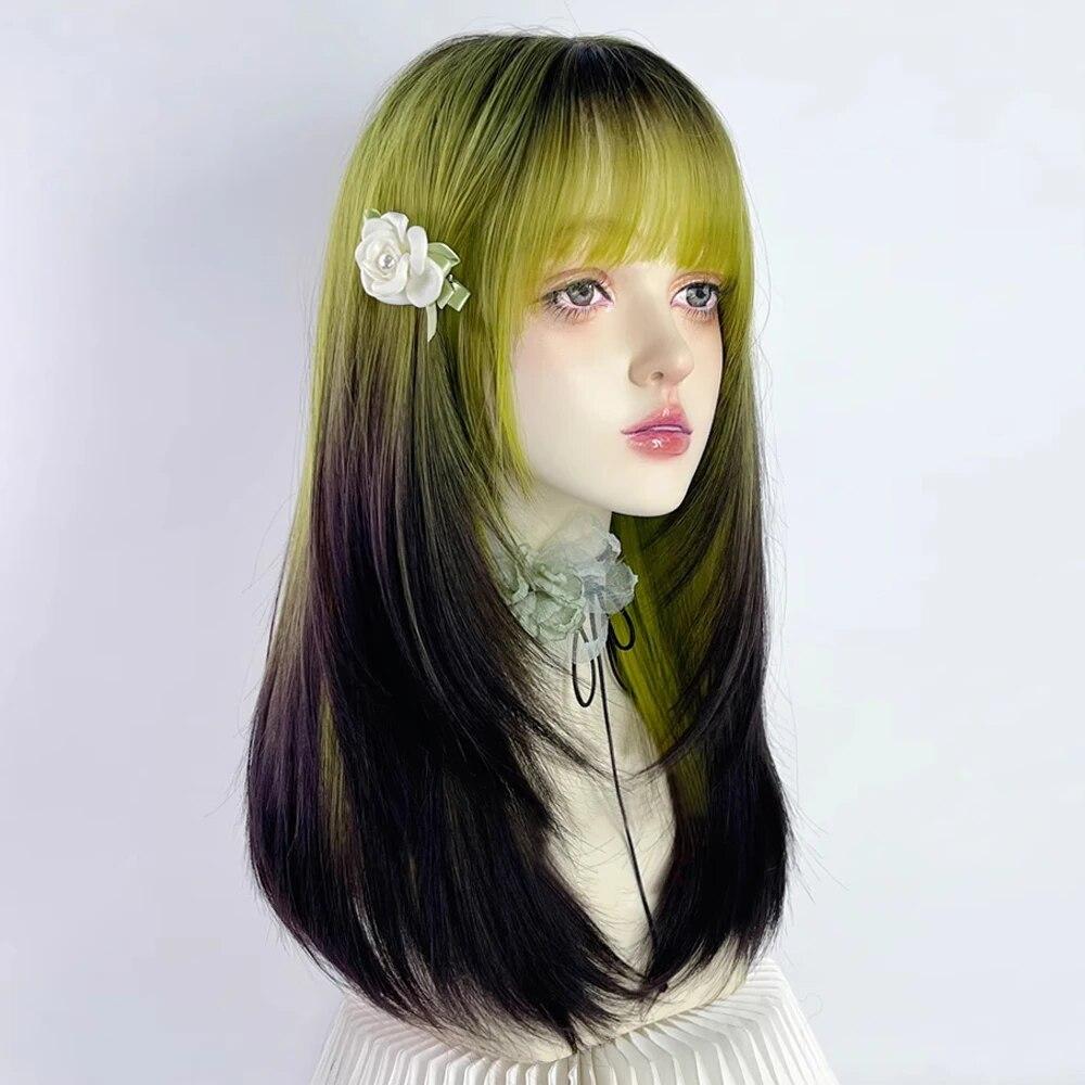 Long Straight Ombre Black Green Gradient Synthetic Women Wig with Bangs Lolita Cosplay Wig for Daily Party