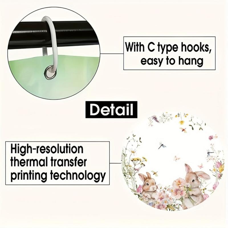 Rabbit Flower Shower Curtain Set With 12 Free Hooks: Includes Waterproof Curtain, Non-Slip Bath Mat, Toilet Seat Cover, Bath Rug