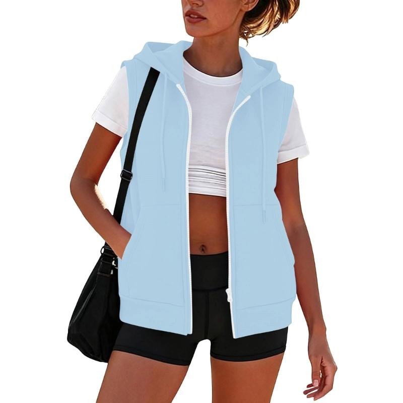Women’s Sleeveless Sun Protection Vest Zip Up Hoodie Jacket Lightweight Drawstring Sweatshirt Outdoor Shirt with Pockets