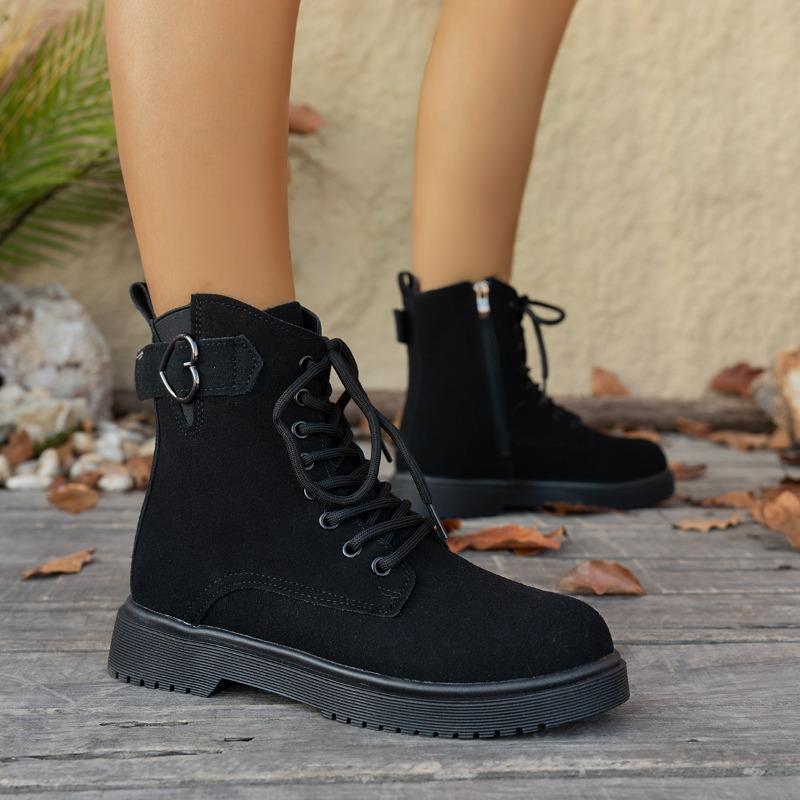 Lace-up Suede Booties Autumn New Round Toe Soft Sole Anti-slip Wear-resistant Flats