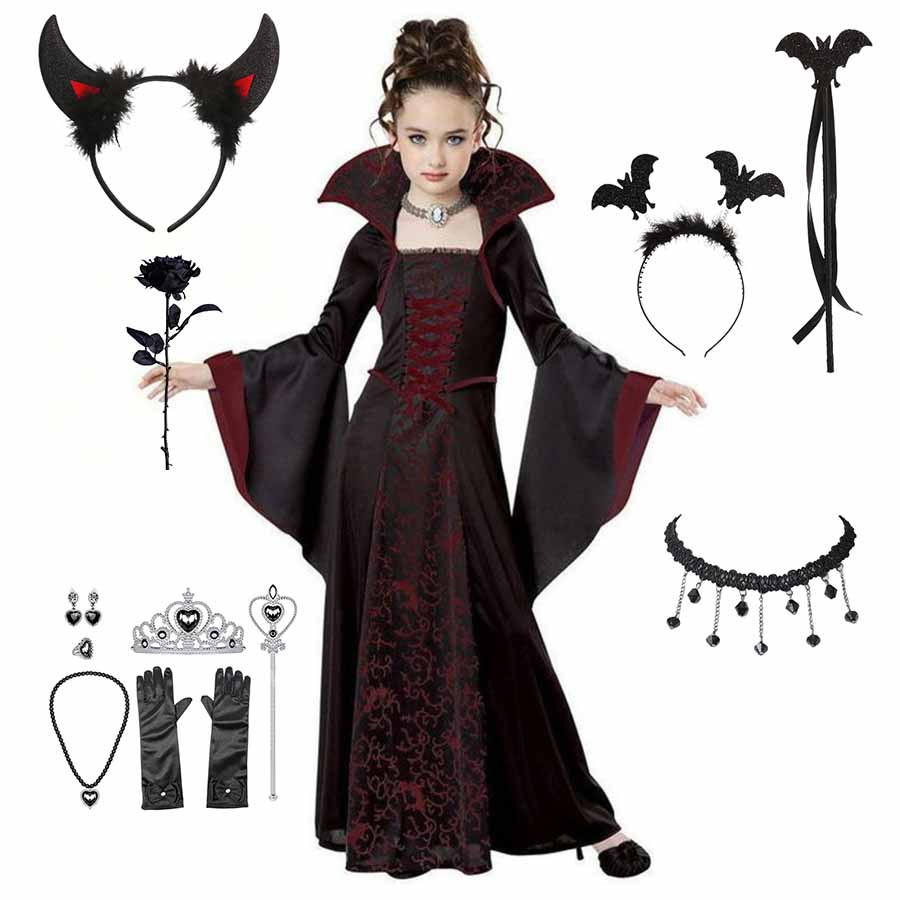 Halloweenský kostým pro děti Halloween Fantasy Upír Kostým Dívčí Dlouhé tutu šaty Dětské karnevalové oblečení Gotické péřové oblečení