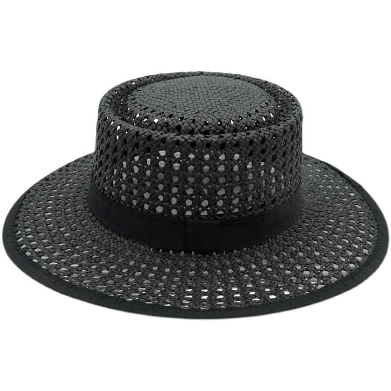 Foreign Trade Export Hand-Woven Black White Panama Flat Top Top Hat Women'S Summer Vacation Beach Straw Hat Travel