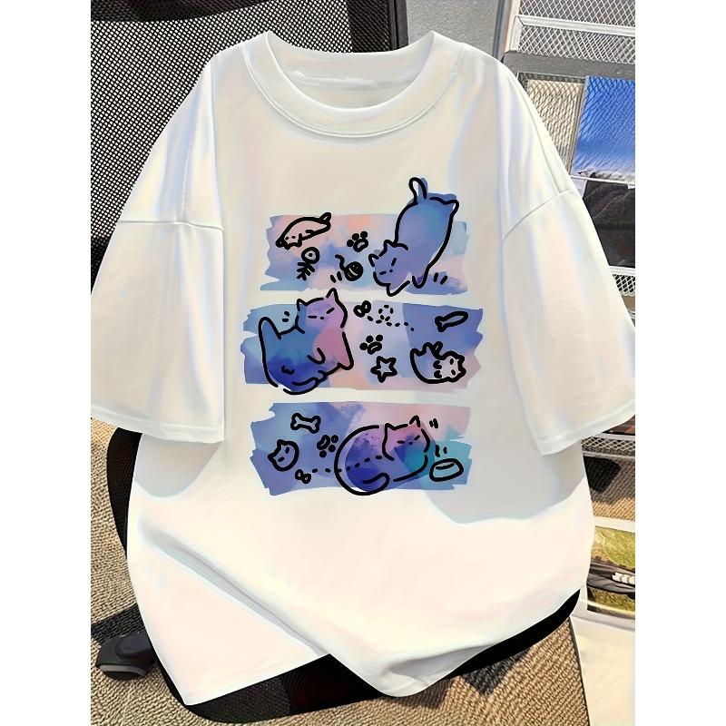 European sizes Cat Cartoon New Summer Girls Medium And Large Girls Same Style Short-Sleeved Top T-Shirt 110 белый