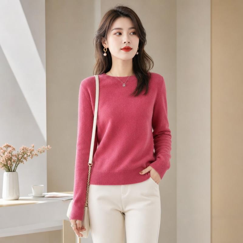 Women Crew Neck Solid Color Knit Sweater Long Sleeve Loose Fit Casual Ladies All Match Autumn Winter Basic Pullover